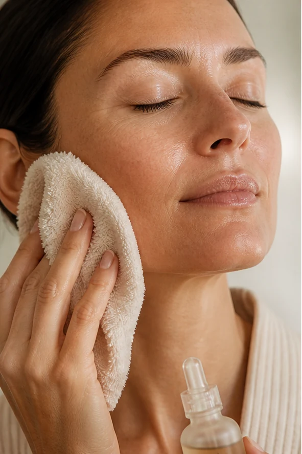 Close view of a gentle facial cleansing step.
