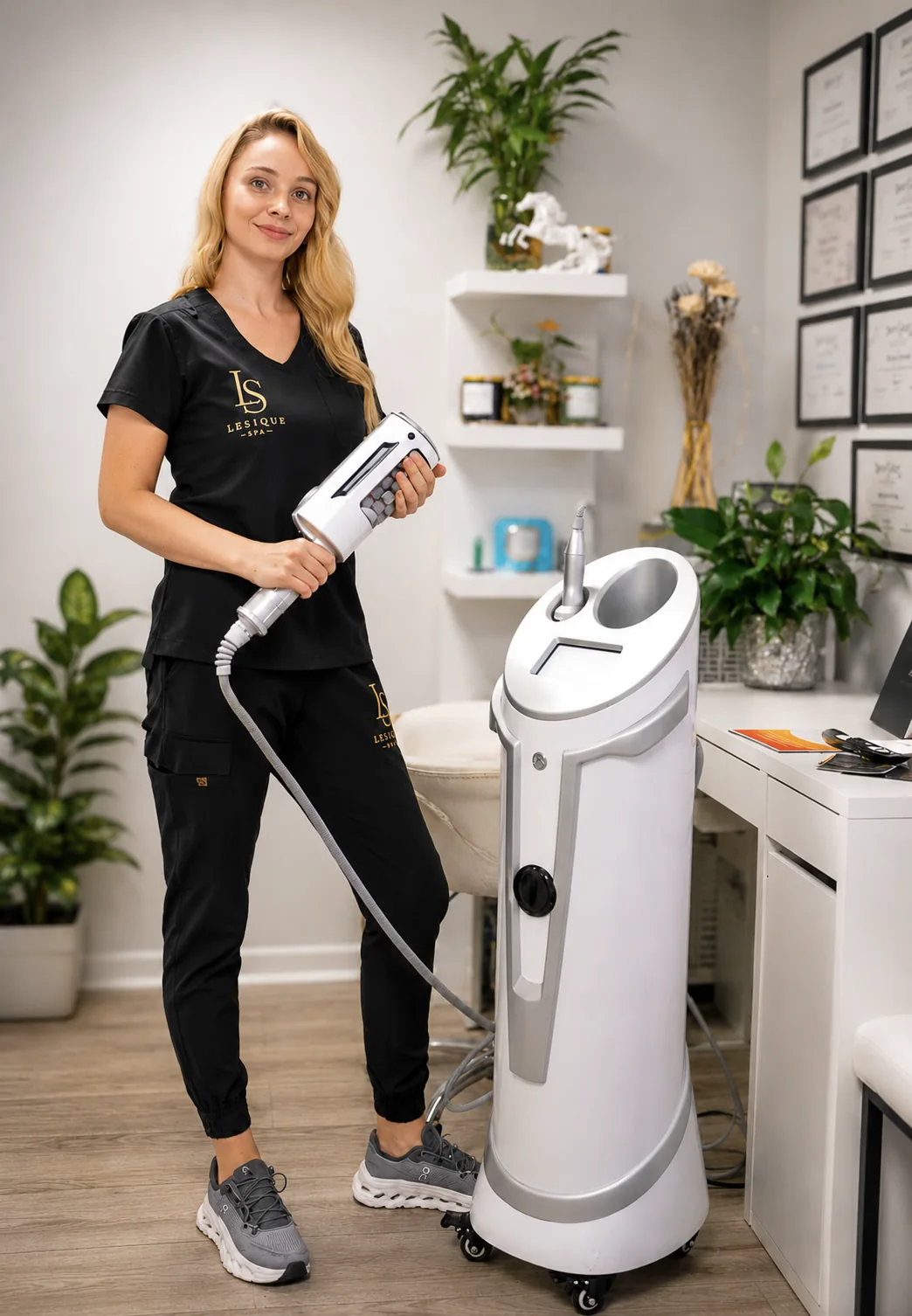 Olesia beside treatment equipment in her Boca Raton practice